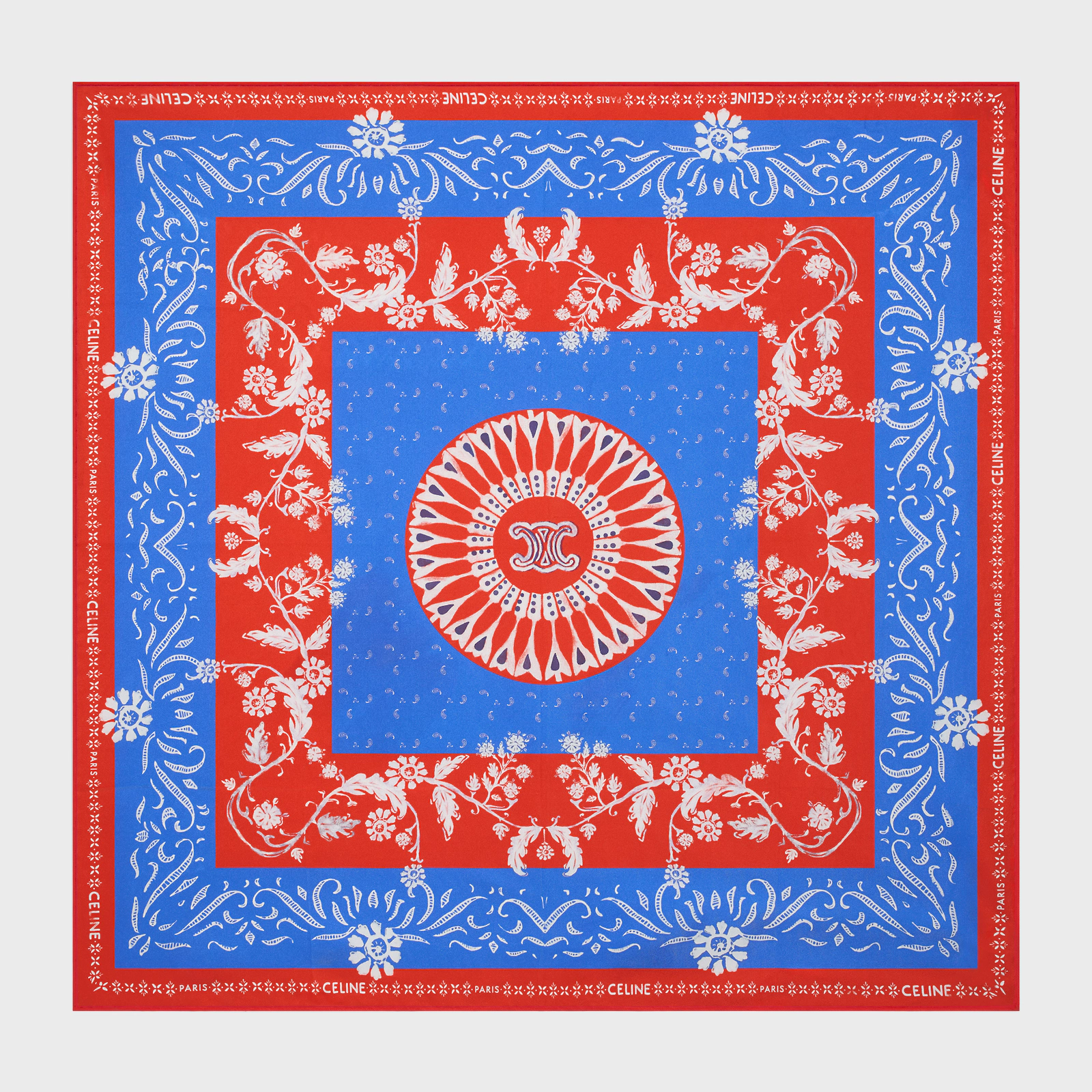 Celine red blue and white square silk scarf laid flat