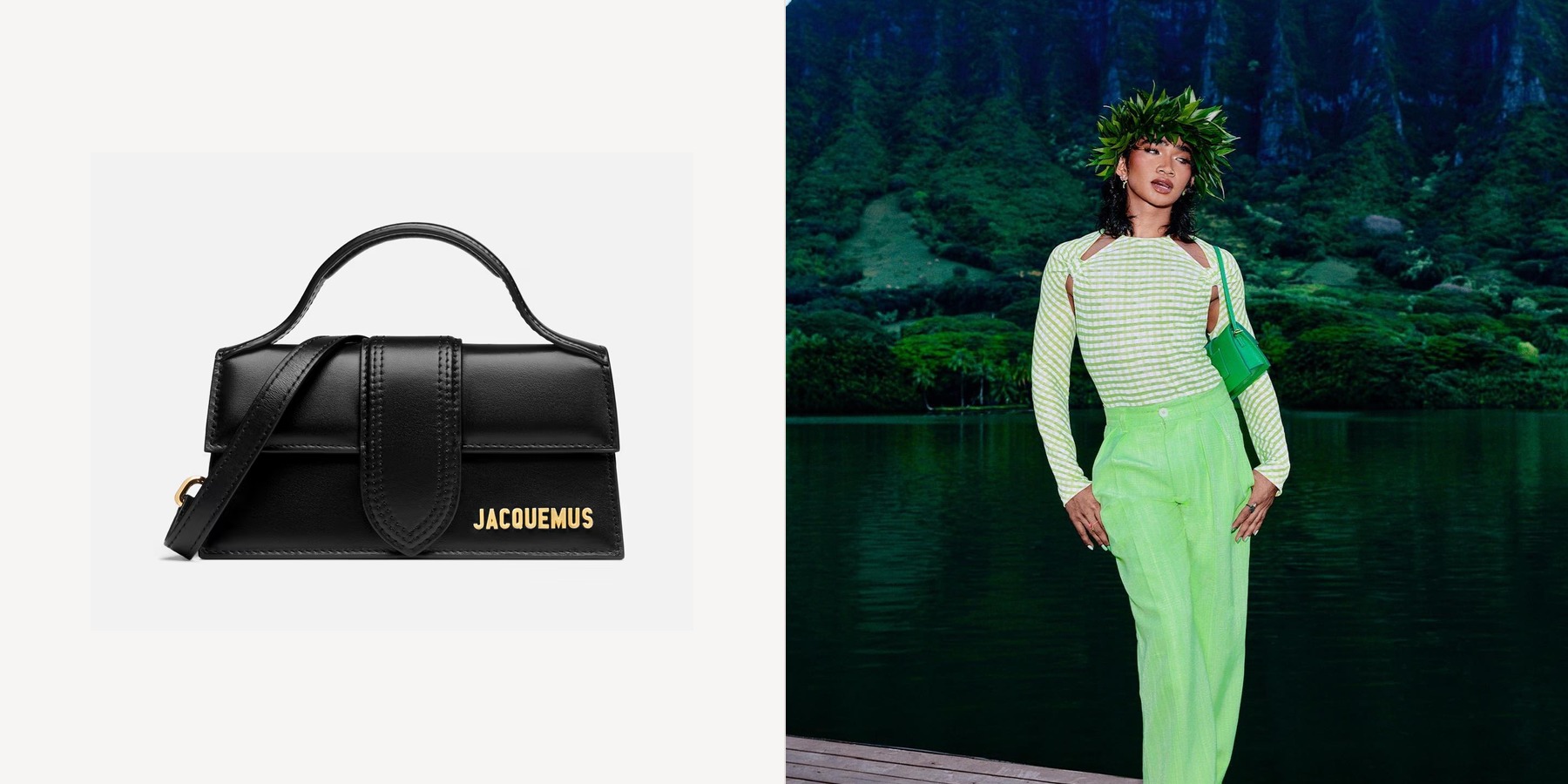 Left: Jacquemus The Bambino black leather handbag on a pale product background. Right: Bretman Rock in green Jacquemus styling by the water.