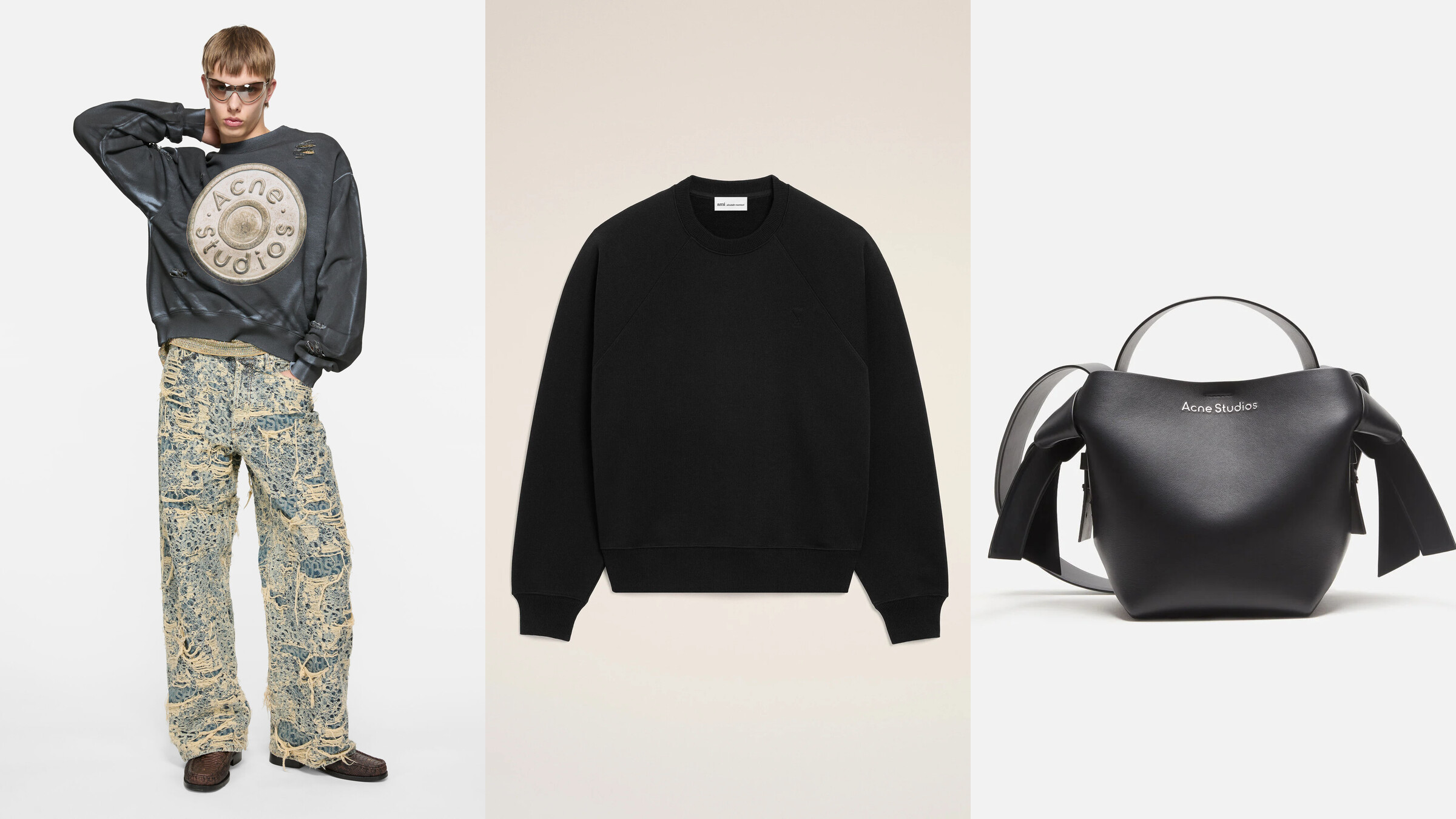 Acne Studios and Ami Paris sweatshirt and bag comparison collage