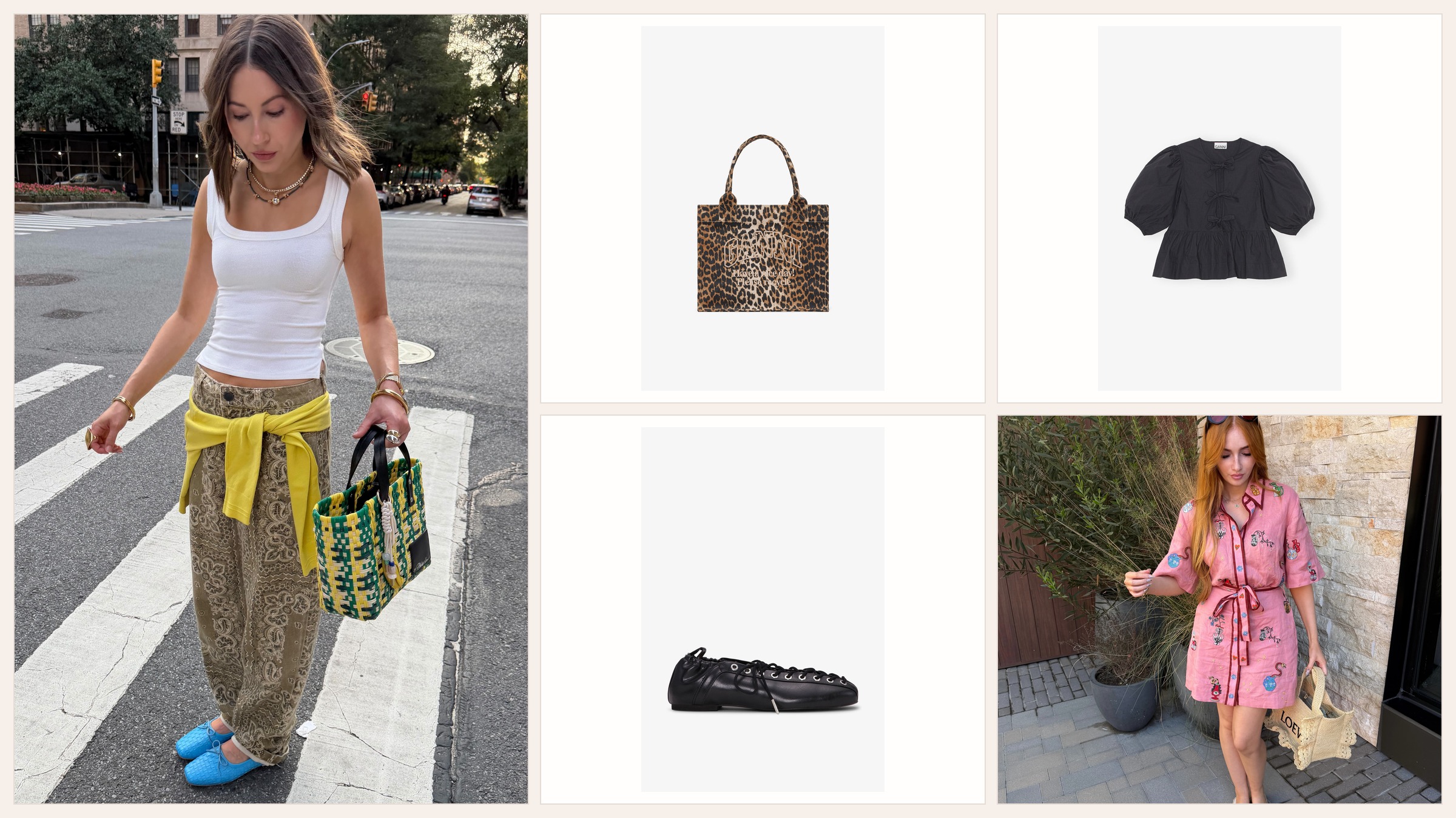 Ganni tote ballerinas blouse and creator outfit collage