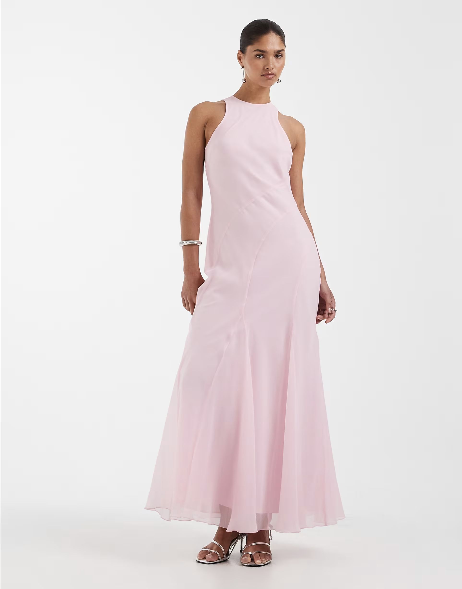 ASOS DESIGN soft-pink racer-neck bias maxi dress shown full length on a model