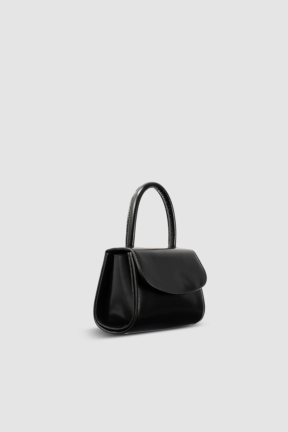 BY FAR Mini 2.0 black semi patent leather top handle bag side view