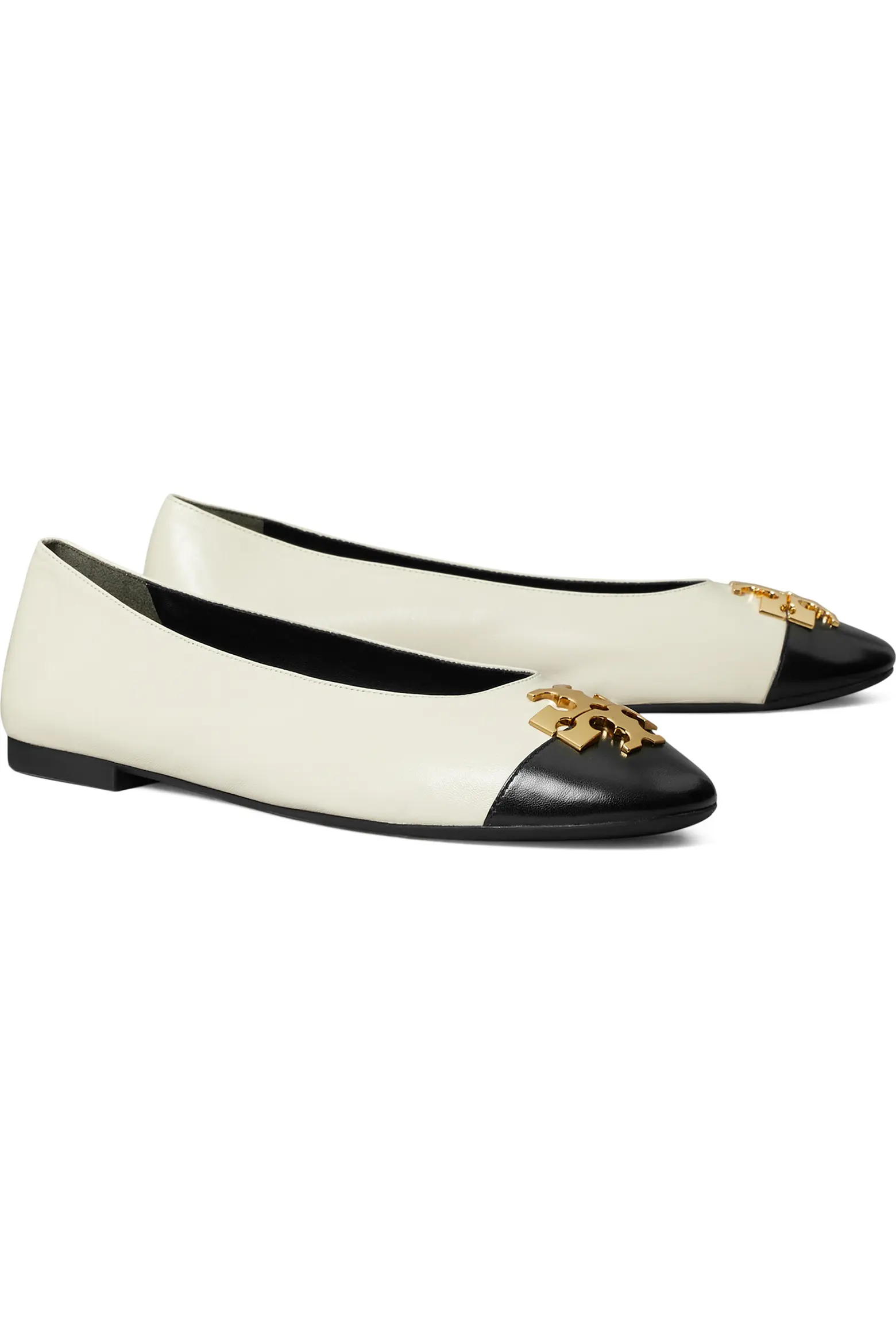 Tory Burch Charlie Cap Toe Ballet Flat in light cream leather with black cap toes and gold hardware