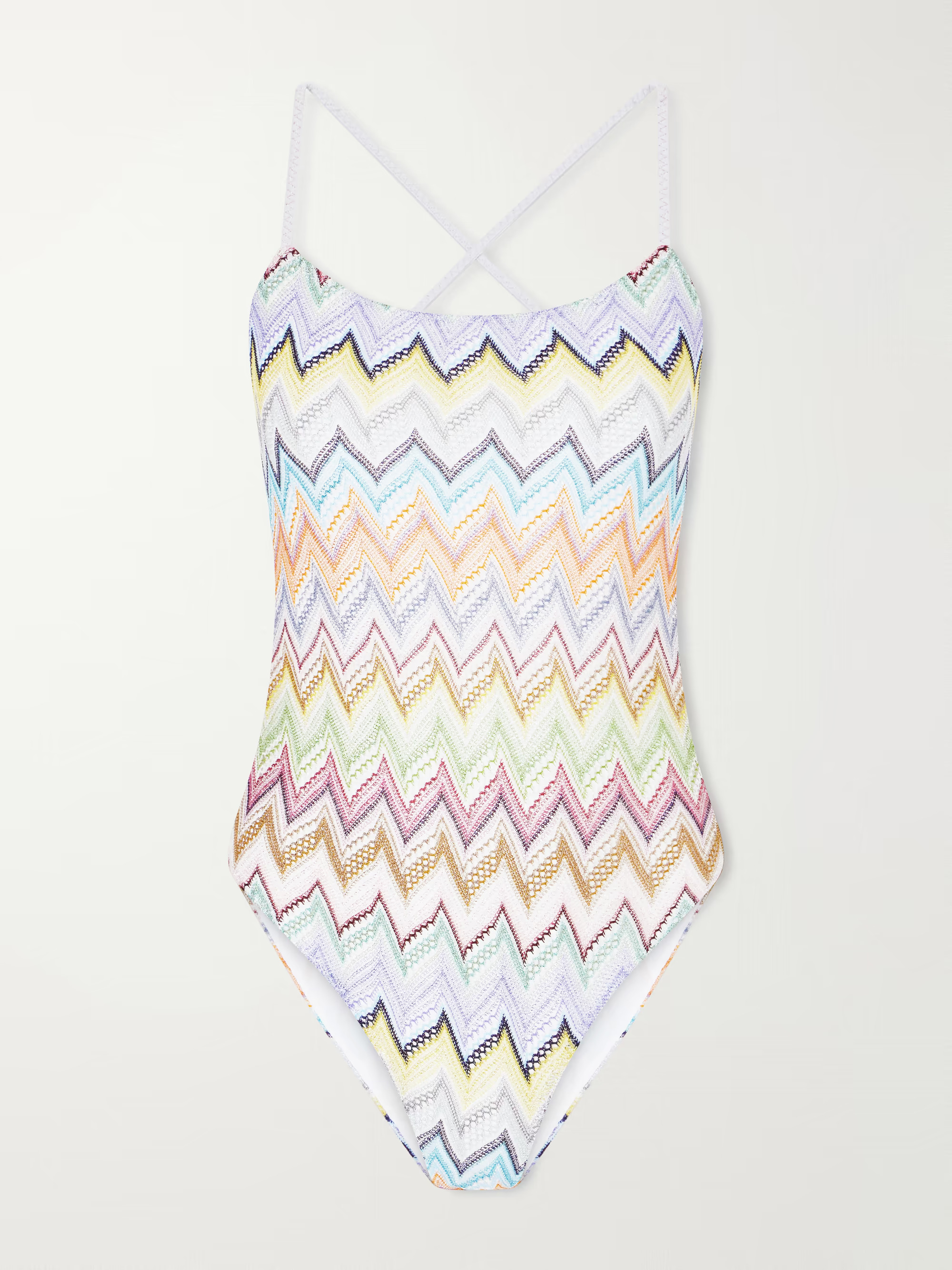 A striped metallic crochet-knit one-piece swimsuit in warm multicolor tones
