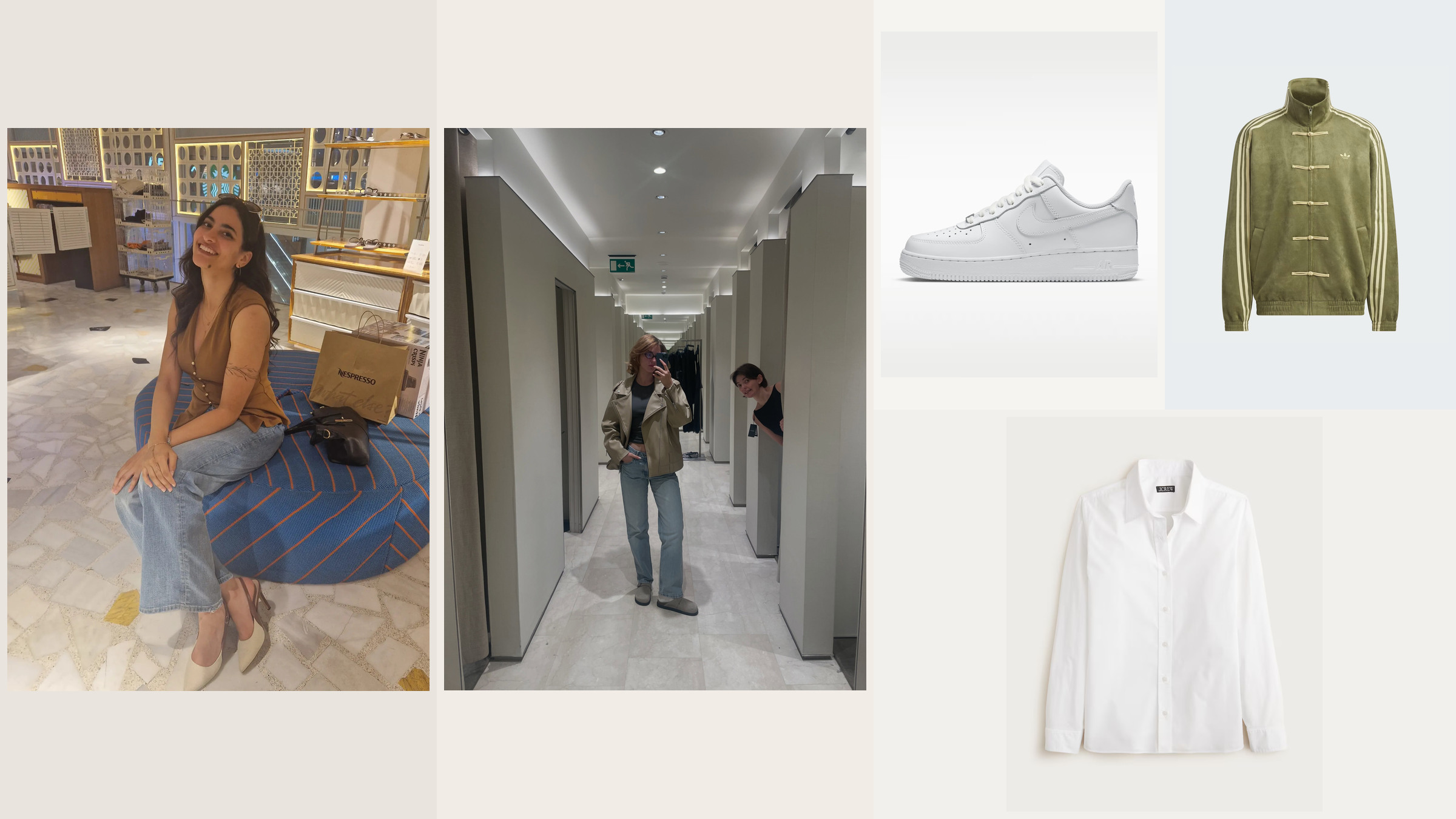 Two personal shopping scenes with a white Nike sneaker olive Adidas jacket and white J.Crew shirt
