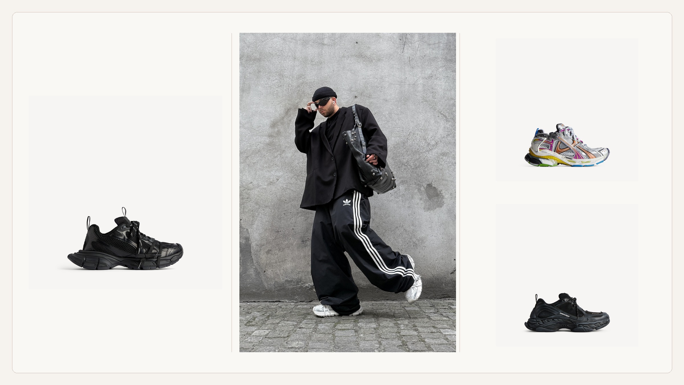 Balenciaga sneaker size guide collage with black 3XL sneaker, Runner sneaker, Triple S.2 sneaker, and a street style outfit showing oversized sneaker proportions