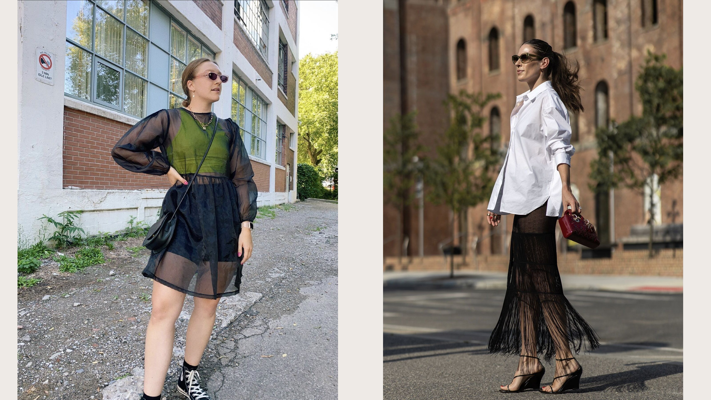 Two complete outfits demonstrating deliberate sheer layering with compact opaque bases