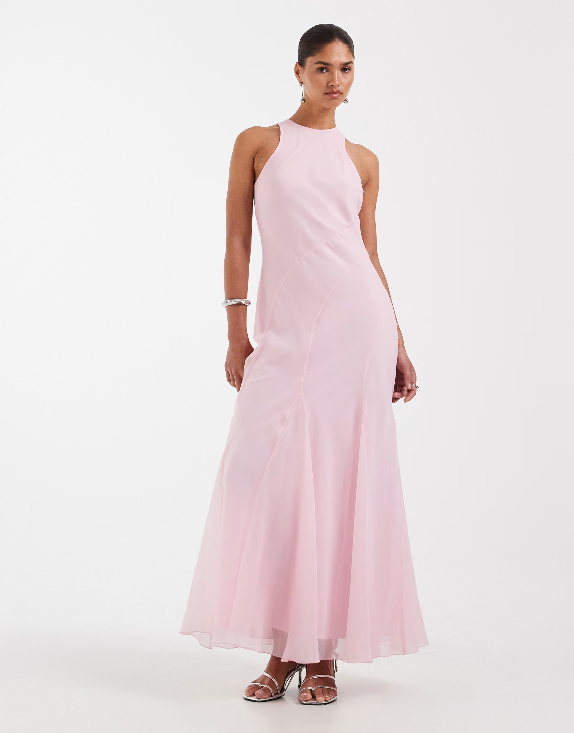 ASOS DESIGN soft-pink racer-neck bias maxi dress with godet hem