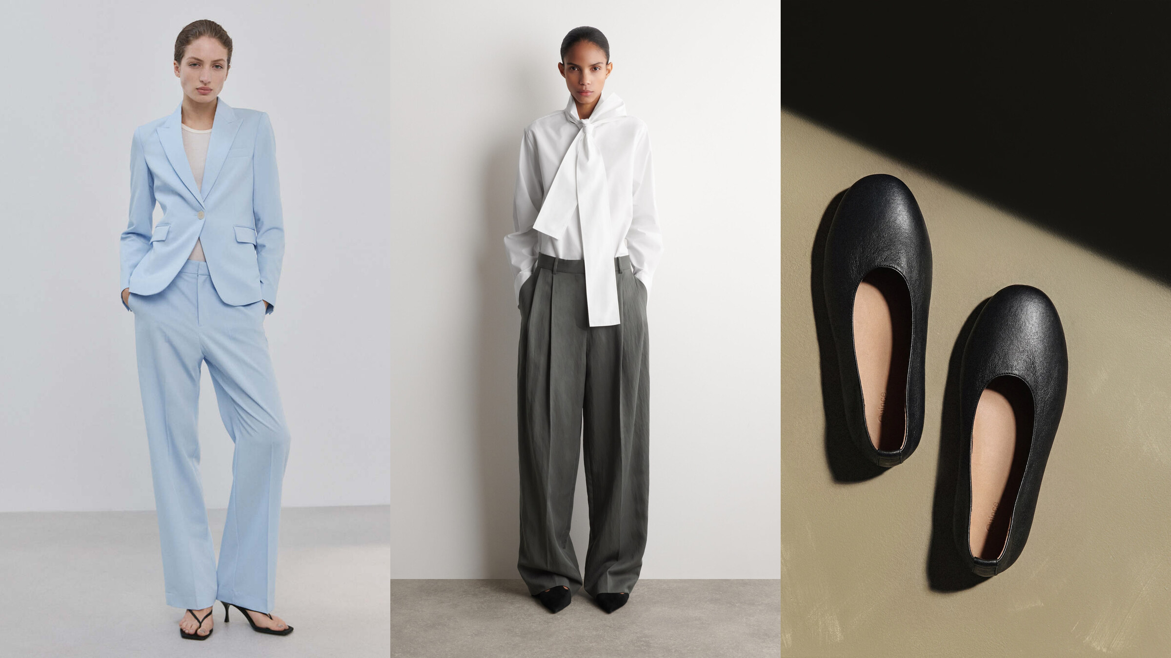 Mango blazer, COS wide-leg pants, and Quince ballet flats for a creative-casual office