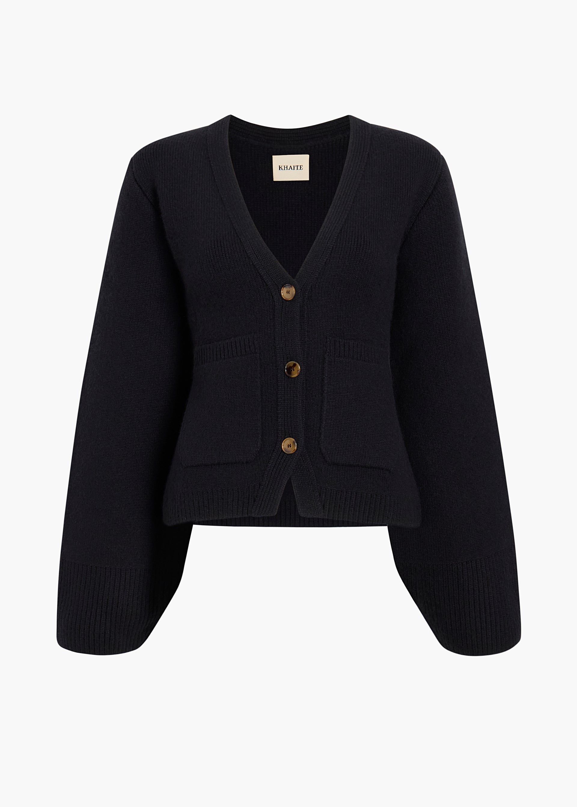 Khaite Scarlet Cardigan in Black, front product view with deep V-neck, patch pockets, and tortoiseshell buttons.