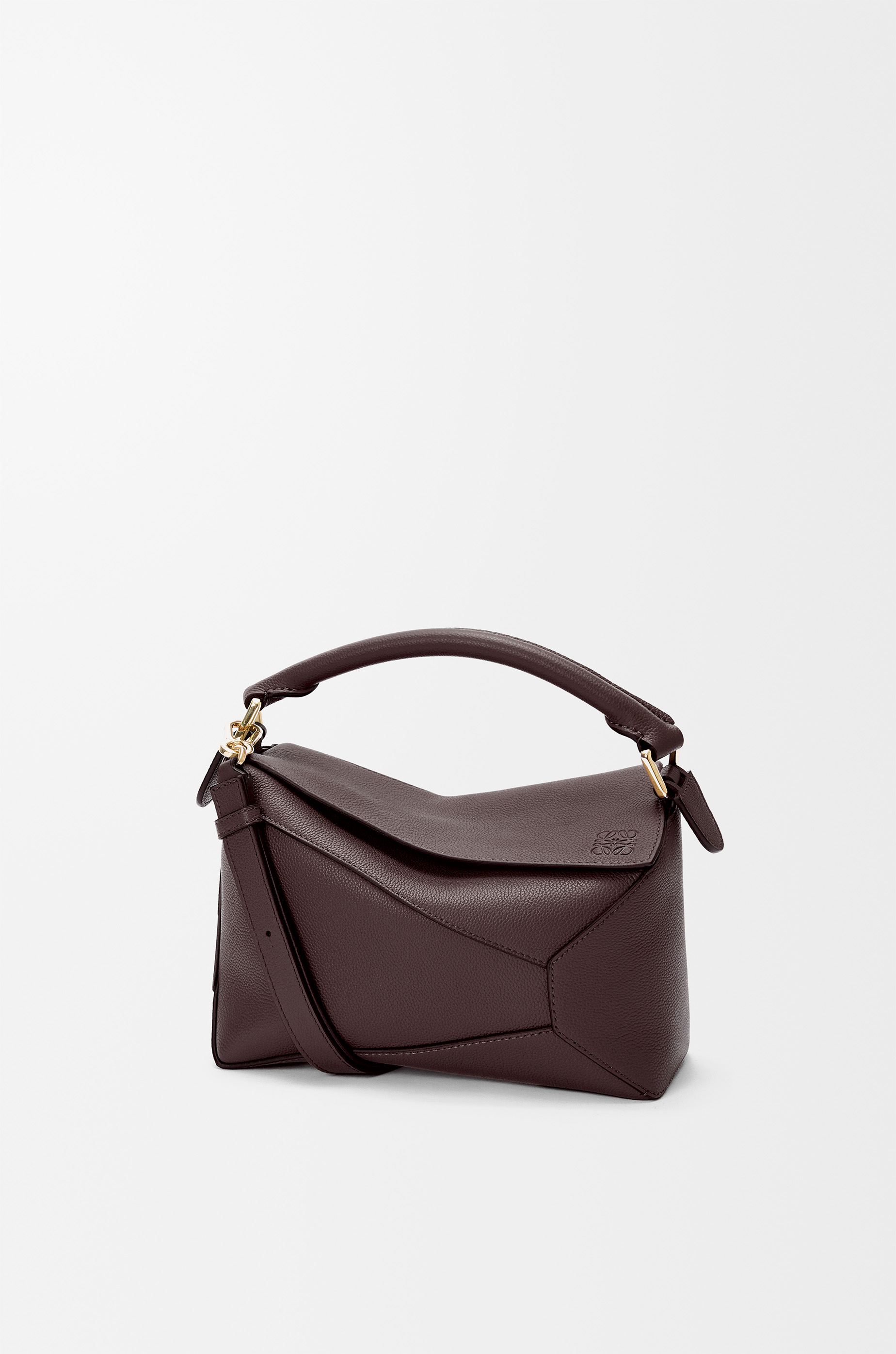 Loewe Small Puzzle Edge bag in burgundy soft grained calfskin, front angle with folded panel detail visible