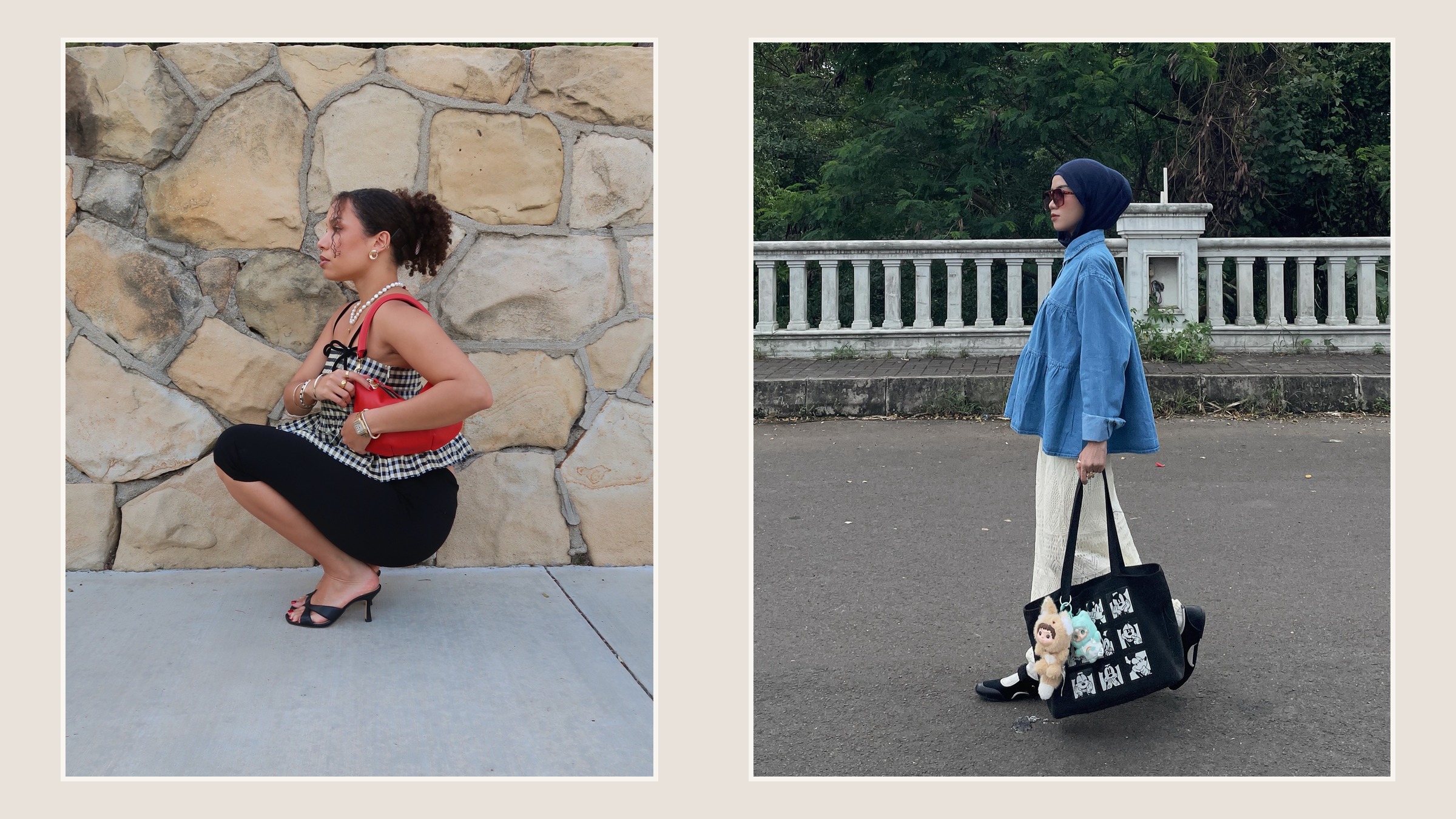 Two personal creators showing restrained peplum proportions in gingham and tiered denim
