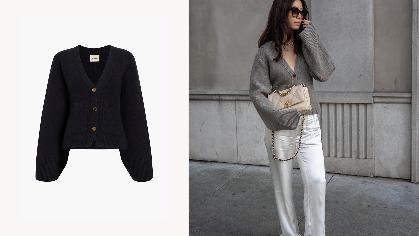 Left: Khaite Scarlet Cardigan in Black product image. Right: non-brand creator wearing a Khaite cardigan with white silk trousers.