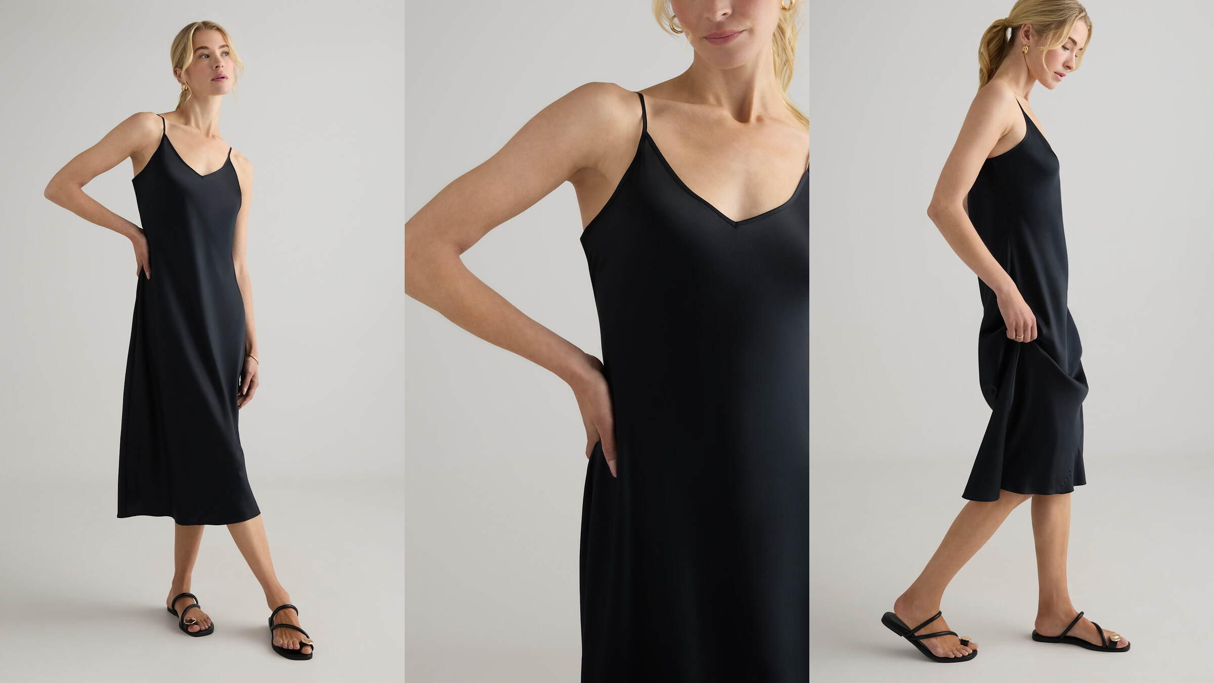 Quince black silk slip dress in three product views