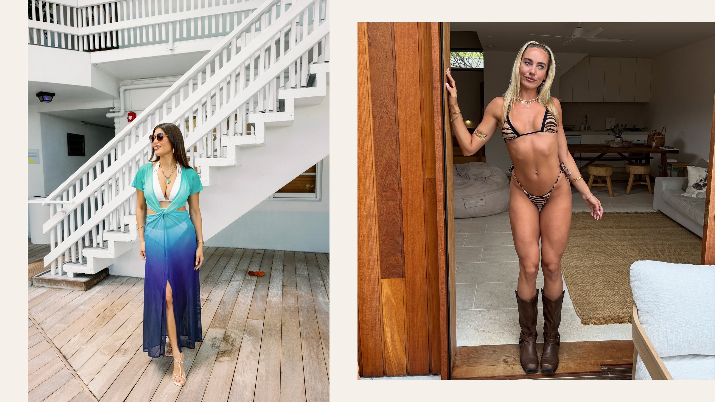 Two personal swimwear looks shown side by side: a white bikini with a blue cover-up and a tiger-print bikini with brown boots
